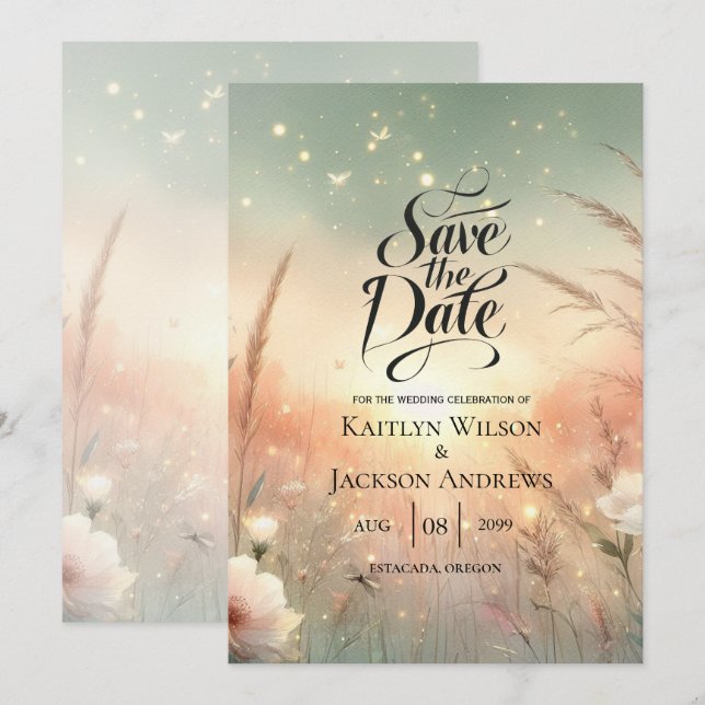 Reserve A Data Campo de Flores Silvestres Pastel Etéreo Casamento (Frente/Verso)