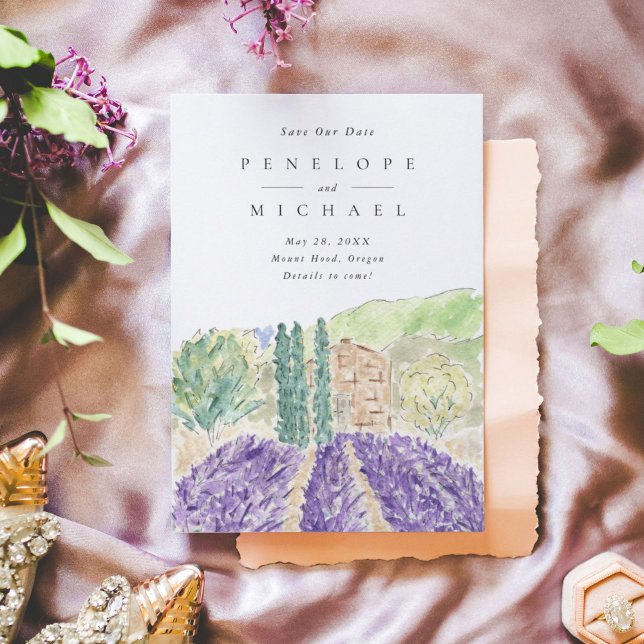 Reserve A Data Campos de Lavanda de Aquarela Casamento Salvar a D (Watercolor lavender fields wedding Save the Date invitation card.)