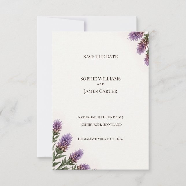 Reserve A Data Canto de Lavanda com Urze Escocesa para Casamento  (Frente)