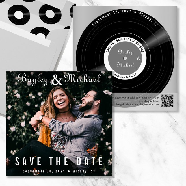 Reserve A Data Capa de Álbum de Fotos com Vinil Salve a Data (Vinyl record album cover and record save the date in gray)