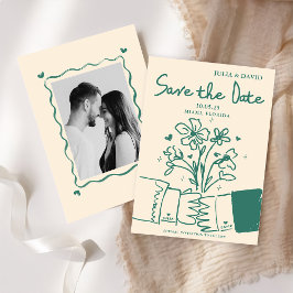 Reserve A Data Caprichoso Desenho à Mão Verde Floral Casamento Sa