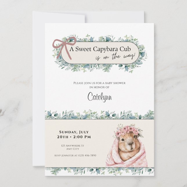 Reserve A Data Capybara Baby Shower Invitation • Greenery Theme (Frente)