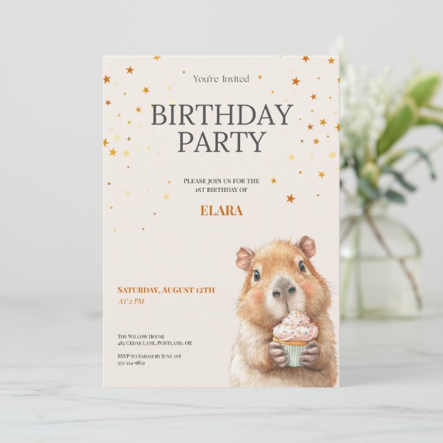 Reserve A Data Capybara Birthday Invitation • Cute First Birthday (Em pé/Frente)
