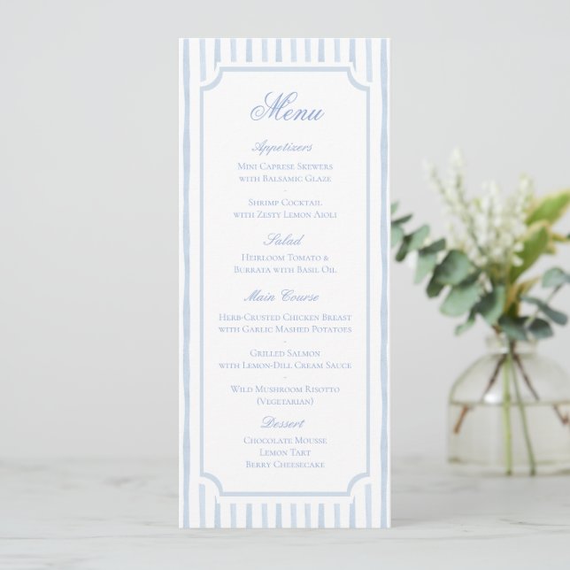 Reserve A Data Cardápio de Casamento com Listras de Aquarela Azul (Em pé/Frente)