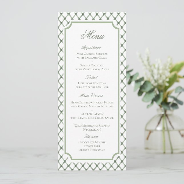 Reserve A Data Cardápio de Casamento com Padrão de Treliça Verde  (Em pé/Frente)