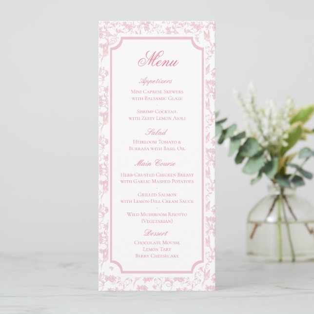 Reserve A Data Cardápio de Casamento Floral Toile Rosa Clássico (Em pé/Frente)
