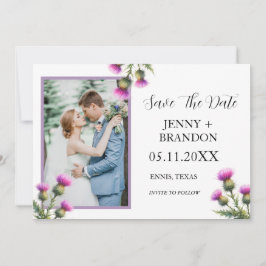 Reserve A Data Cardo Elegante Escocês Roxo Floral Foto 