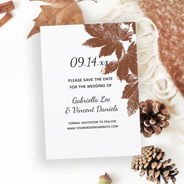 Reserve A Data Carimbo Castanho Folha Folha Casamento Salvar Data (Fall in Love with this natural woodland wedding save the date announcement.)