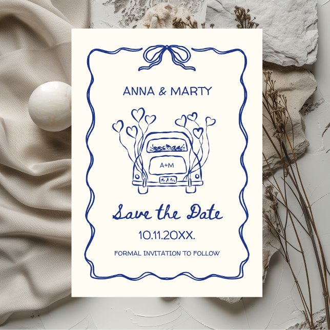 Reserve A Data Carro de Casamento Único de Arco Azul, desenhado à (Blue French Vintage Hand-drawn Wedding Save the Date Unique Funky Retro Whimsical Printable)