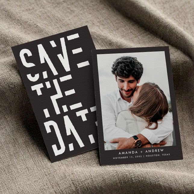 Reserve A Data Carvão Branco Cinza Listras Retro 70s Casamento (Front / Back)