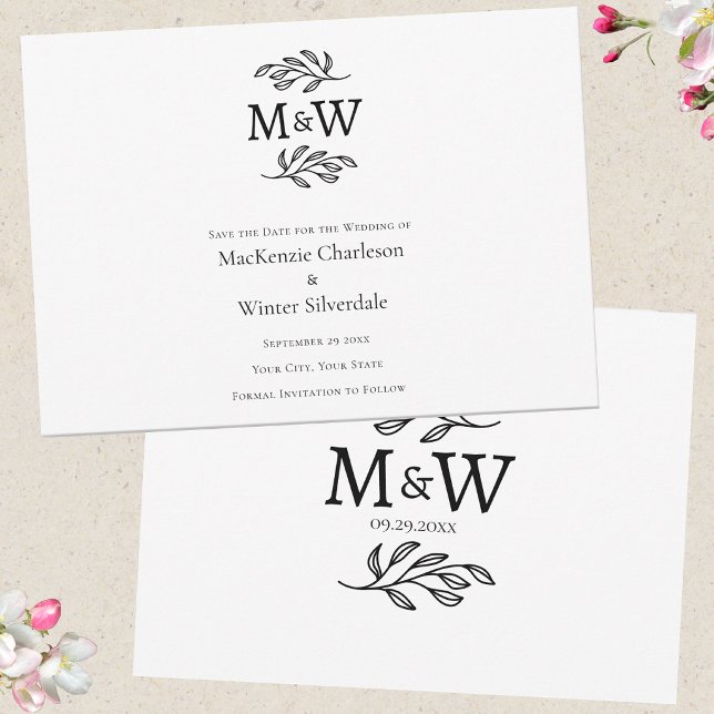 Reserve A Data Casal de Noivos Monograma Inicial Simples Minimali (Modern elegant save the date wedding invitations with couple monogram initials & botanical line art)