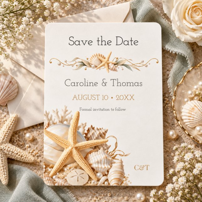 Reserve A Data Casamento à Beira-Mar com Estrelas-do-Mar e Concha (Criador carregado)
