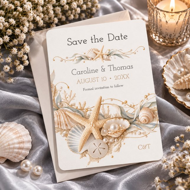 Reserve A Data Casamento à Beira-Mar com Estrelas-do-Mar e Concha (Criador carregado)