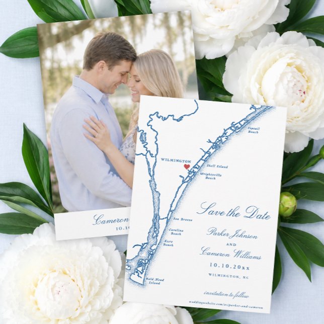 Reserve A Data Casamento Airlie Gardens Wilmington NC Mapa Azul-M (Airlie Gardens Wedding Engagment Photo Save the Date with Wilmington NC Map by Coastal Map Designs)