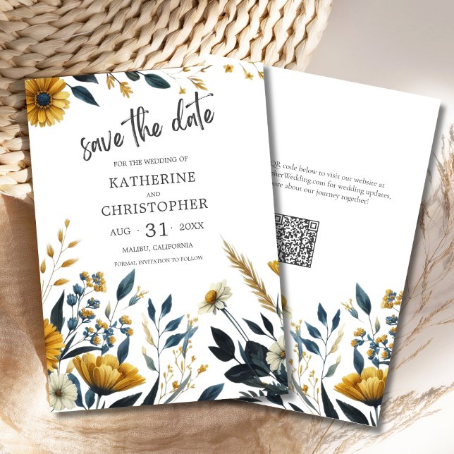 Reserve A Data Casamento Amarelo Azul Elegante (Blue Yellow Wildflower Floral Elegant Save the Date Card with QR Code for Wedding Website.)