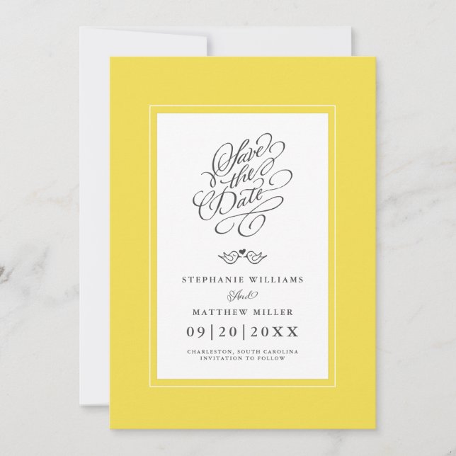 Reserve A Data Casamento Amarelo Cinza Caligrafia Imprimível Digi (Frente)
