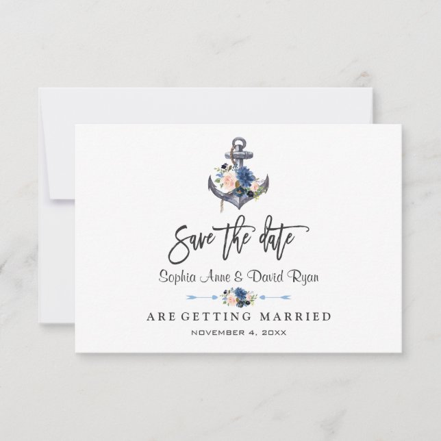 Reserve A Data Casamento Âncora Floral Rosa Náutico Azul (Frente)