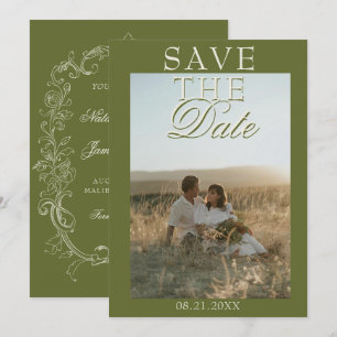 Reserve A Data Casamento Antigo Dinheiro Foto Verde Oliva Vintage