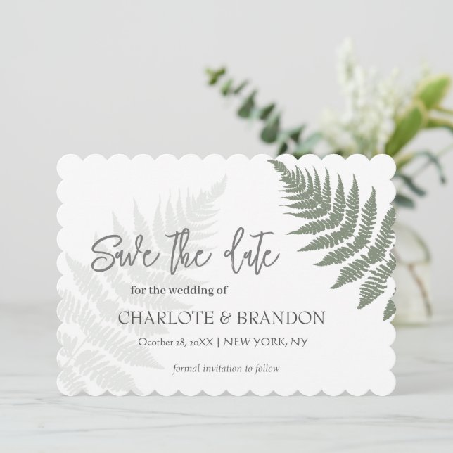 Reserve A Data Casamento ao Ar Livre com Samambaias Verde Florest (Em pé/Frente)