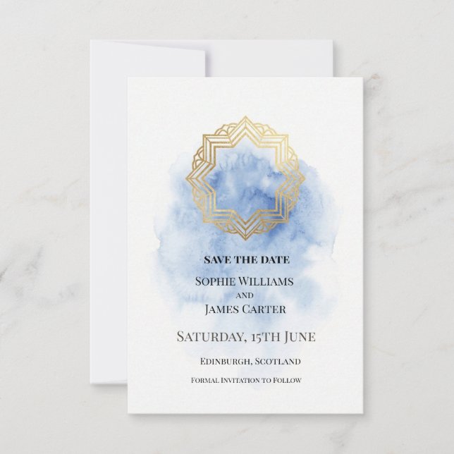 Reserve A Data Casamento Aquarela Azul Dourado (Frente)