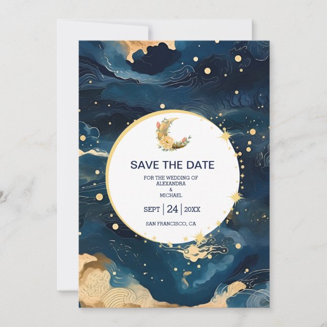 Reserve A Data Casamento Aquarela Azul Mystic Midnight e Dourado (Frente)