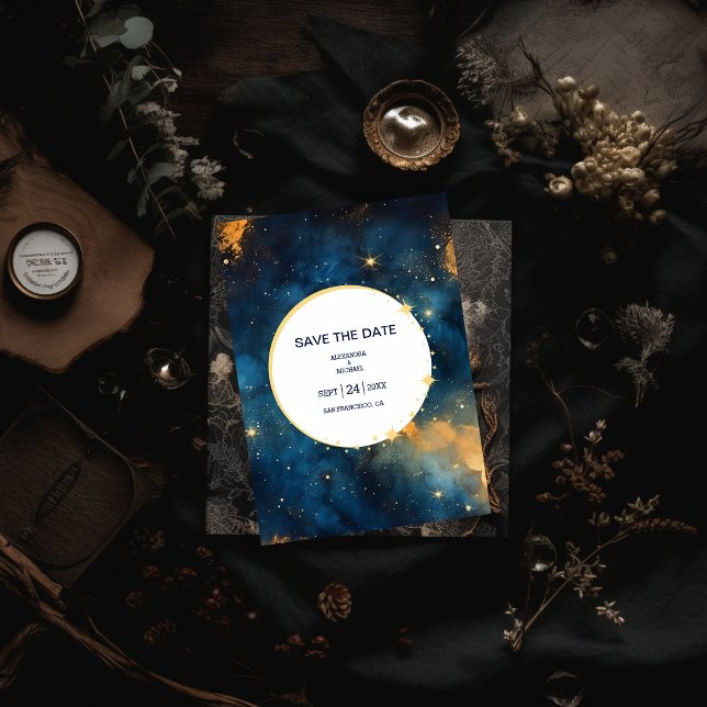 Reserve A Data Casamento Aquarela Azul Mystic Midnight e Dourado (Criador carregado)