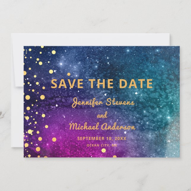 Reserve A Data Casamento Aquarela Azul Pavão Moderno Dourado (Frente)