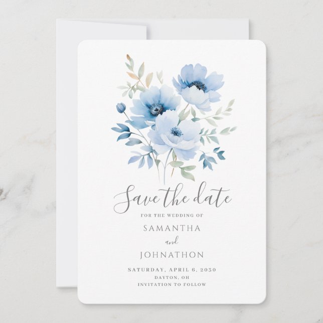 Reserve A Data Casamento Aquarela Floral Azul   (Frente)