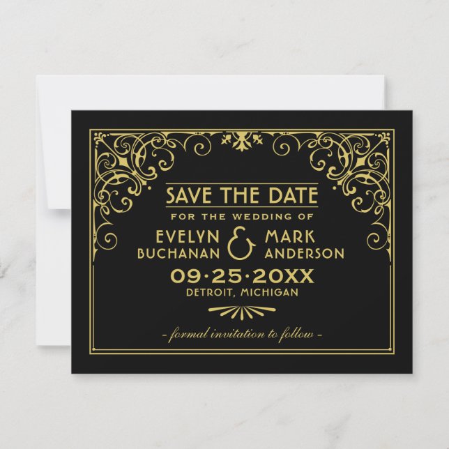 Reserve A Data Casamento Art Deco Dourado com Roletas Preto (Frente)