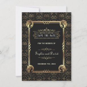 Reserve A Data Casamento Art Déco Único Dourado Preto Grande Gats