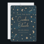 Reserve A Data Casamento Astronomia Lua Estrelas Douradas Mística<br><div class="desc">Casamento Astronomia Lua Estrelas Douradas Místicas Azul-Marinho</div>