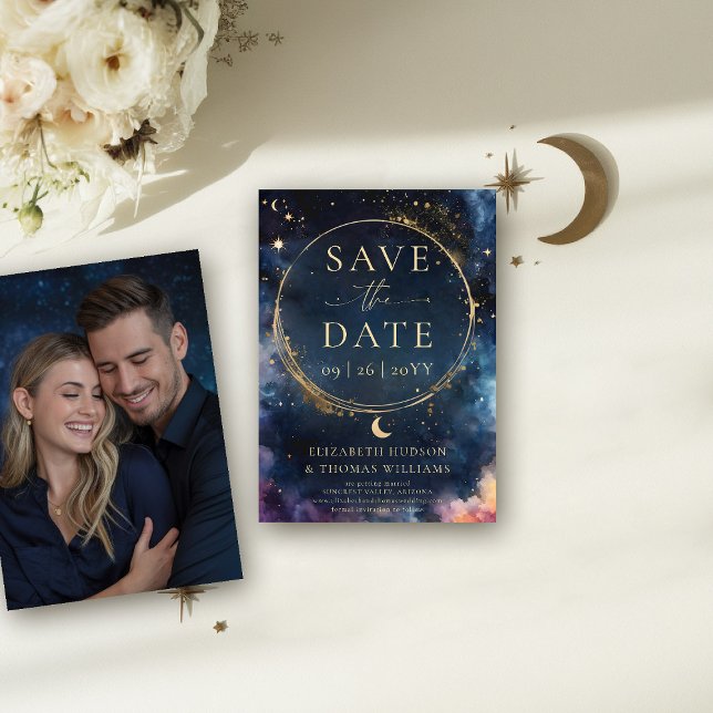 Reserve A Data Casamento Azul Celestial Dourado à Meia-Noite Salv (celestial wedding save the date photo template watercolor starry night sky galaxy universe astrology)