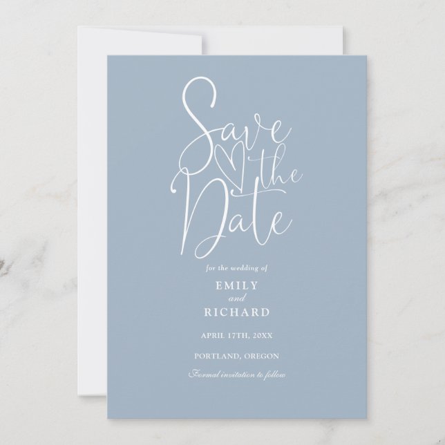 Reserve A Data Casamento Azul com Dusty de Script Moderno Elegant (Frente)