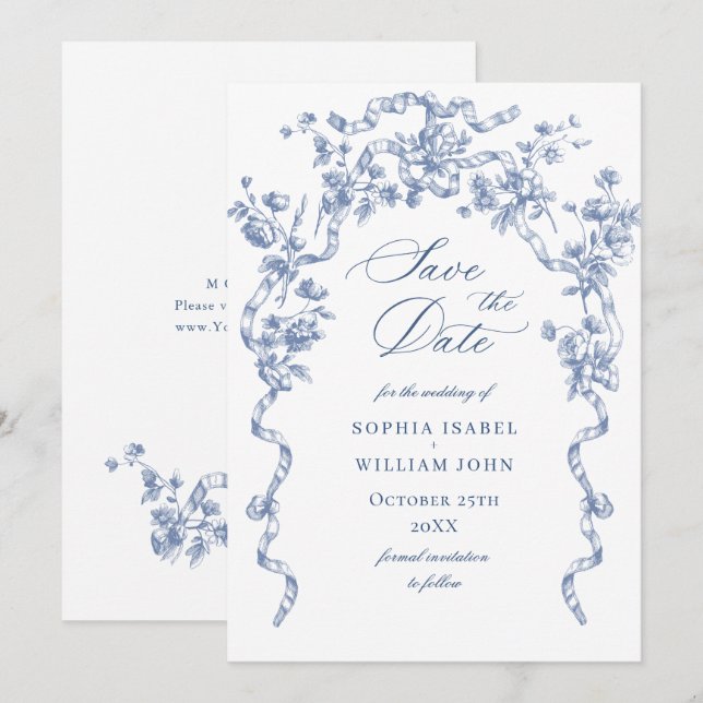Reserve A Data Casamento Azul com Grace Floral Dusty, Ornamentado (Frente/Verso)