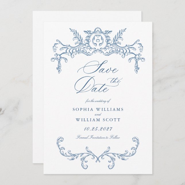 Reserve A Data Casamento Azul com Grace Floral Dusty, Ornamentado (Frente/Verso)
