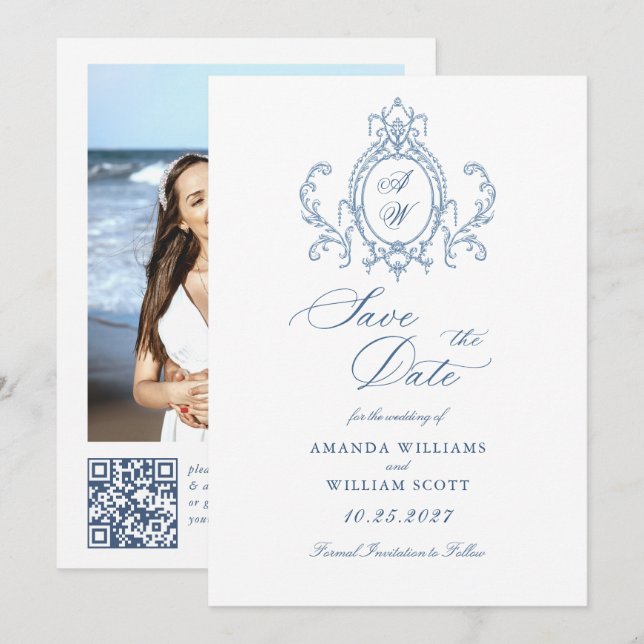 Reserve A Data Casamento Azul com Grace Floral Dusty, Ornamentado (Frente/Verso)