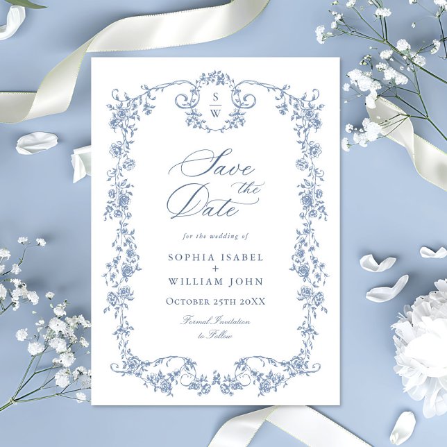 Reserve A Data Casamento Azul com Grace Floral Dusty, Ornamentado (Criador carregado)