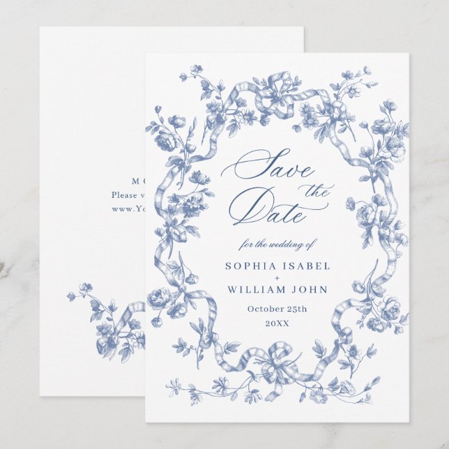 Reserve A Data Casamento Azul com Grace Floral Dusty, Ornamentado (Frente/Verso)