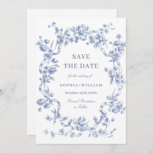 Reserve A Data Casamento Azul com Grace Floral Dusty, Ornamentado (Frente/Verso)
