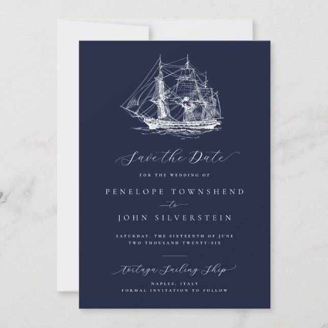 Reserve A Data Casamento Azul de Marinho Náutico Elegante (Frente)