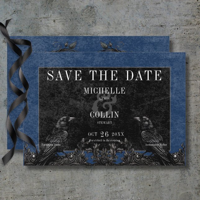 Reserve A Data Casamento Azul de Rosas Negras Gótica (Gothic Black Raven & Black Roses Blue Wedding Save Save The Date Card)