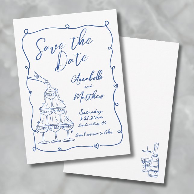 Reserve A Data Casamento Azul Desenhado à Mão Caprichoso (Whimsical Hand Drawn Blue Wedding Save the Date )