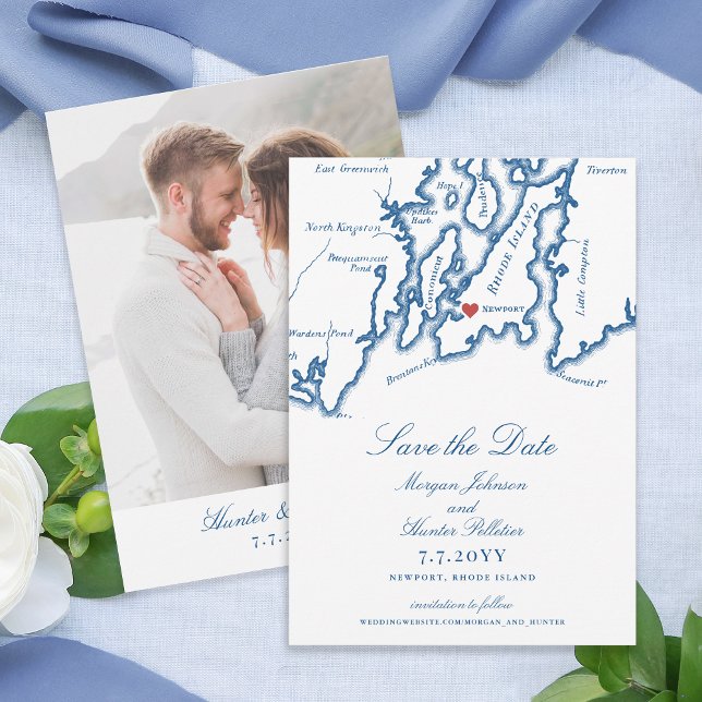 Reserve A Data Casamento Azul do Mapa Elegante do Marinho RI Newp (Newport RI Map Save the Date with Photo for an Elegant Navy Blue Wedding from Coastal Map Designs)