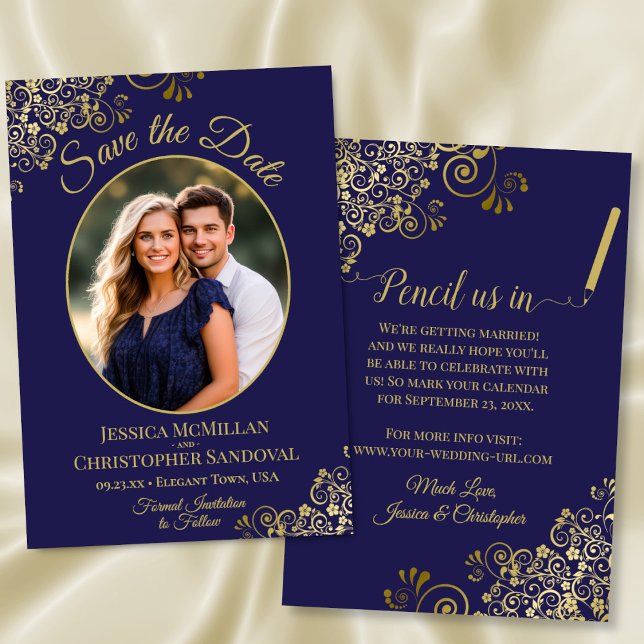Reserve A Data Casamento Azul do Marinho de Foto Elegante Dourado (Front/Back)