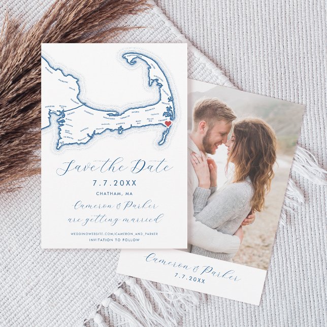 Reserve A Data Casamento Azul do Marinho do Mapa do Cabo das MÃES (Chatham MA Cape Cod Map Save the Date with Photo in Elegant Modern Navy Blue by Coastal Map Designs)