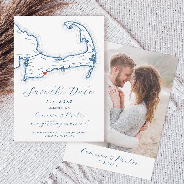 Reserve A Data Casamento Azul do Marinho do Mapa do Mashpee MÃE C (Mashpee MA Cape Cod Map Save the Date in Modern Navy Blue with Photo Back from Coastal Map Designs)