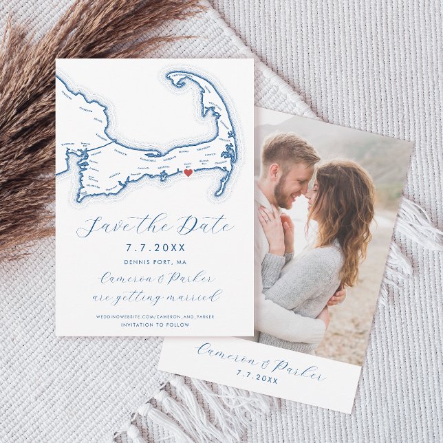 Reserve A Data Casamento Azul do Marinho do Mapa do Porto de Denn (Dennis Port MA Cape Cod Map Save the Date with Photo in Elegant Modern navy blue Coastal Map Designs)