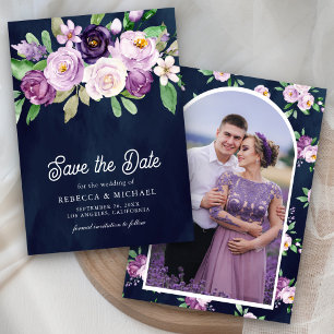 Reserve A Data Casamento Azul do Marinho Floral Roxo
