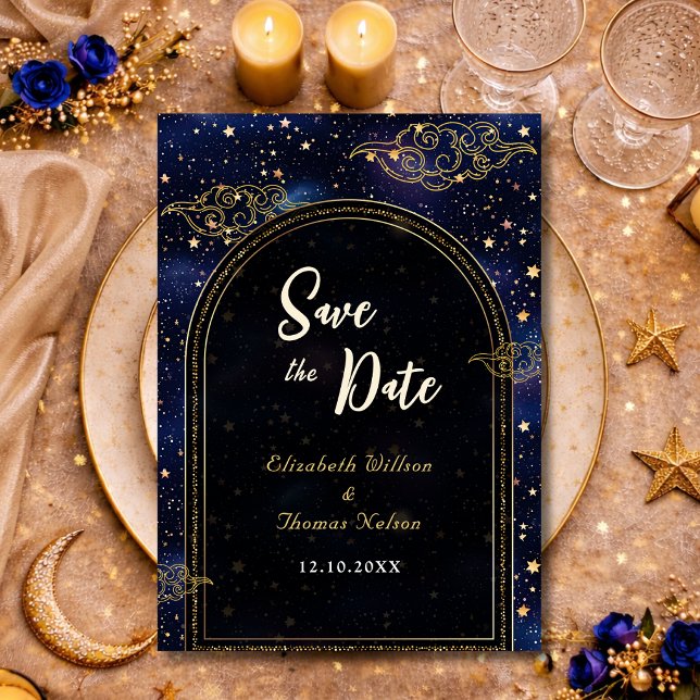 Reserve A Data Casamento Azul Dourado Estrela Celestial Elegante (Criador carregado)