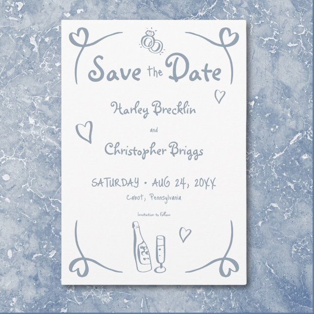 Reserve A Data Casamento Azul Dusty Com A Mão Retrópica (Whimsical Retro Hand Drawn Dusty Blue Wedding Save The Date)